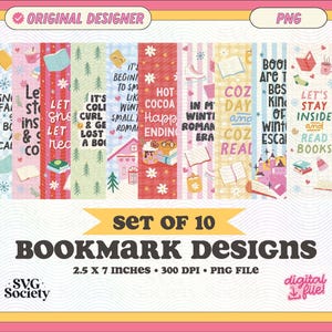 Quirky Cozy Winter Bookish Set of 10 Bookmark Designs, PNG Files, Cute Creative Artsy Bookish Printable Bookmark Designs for Commercial Use
