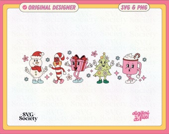 May include: A digital illustration of five Christmas characters: a snowman, a candy cane, a gift box, a Christmas tree, and a cup of hot chocolate. Each character has a friendly face and is decorated with festive details. The characters are arranged in a line against a white background with a pink and yellow border.