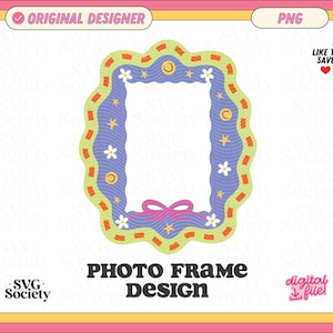May include: A colorful photo frame design with a wavy edge. The frame has a blue interior with white flowers, yellow stars, and crescent moon shapes. The frame is outlined in green and orange. The text "PHOTO FRAME DESIGN" is at the bottom.