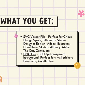 Peut inclure: Un graphique avec un fond de grille rose et le texte "WHAT YOU GET:" en noir. Le texte ci-dessous liste les fichiers num&eacute;riques inclus dans l'achat&nbsp;: un fichier vectoriel SVG et un fichier PNG. Le fichier SVG est parfait pour Cricut Design Space, Silhouette Studio Designer Edition, Adobe Illustrator, CorelDraw, Sketch, Affinity, Make The Cut, Canva et d'autres programmes de conception. Le fichier PNG est de 300&nbsp;dpi, transparent et parfait pour les petits autocollants, Procreate et GoodNotes.