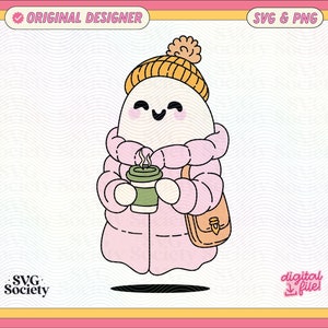 May include: A cartoon ghost wearing a pink puffer jacket, a yellow beanie, and holding a green to-go cup. The ghost has a happy expression and is carrying a brown satchel.