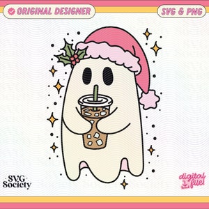 Cute Christmas Ghost Iced Coffee SVG PNG File Trendy Artsy Design for Graphic Tee Shirts, Stickers, Cups, Motel Keychains, Tote Bags Etc.