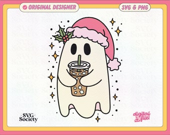 Cute Christmas Ghost Iced Coffee SVG PNG File Trendy Artsy Design for Graphic Tee Shirts, Stickers, Cups, Motel Keychains, Tote Bags Etc.