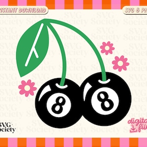 Trendy Retro 8 Ball Cherries SVG en PNG File, Ontwerp voor T-shirt, Sticker, Mok, Commercieel Gebruik