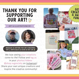 Puede incluir: Imagen estilo collage con borde rosa y amarillo. El texto dice "&iexcl;GRACIAS POR APOYAR NUESTRO ARTE!" y "&iexcl;S&Eacute; CREATIVO Y DIVI&Eacute;RTETE!". Incluye fotos de arte, ilustraciones y los artistas Vins y Mackenzie. La imagen tambi&eacute;n presenta el texto "@shop.svgsociety en Instagram!"
