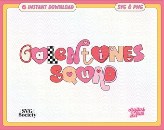May include: Pink and red Valentine's Day themed graphic with the text "Galentines Squad" in a playful, cartoon font.