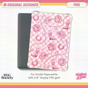 May include: Pink and white checkered pattern with pink cowboy boots, hats, and horseshoes.  The pattern is designed for a 6.8 inch Kindle Paperwhite (11th generation).