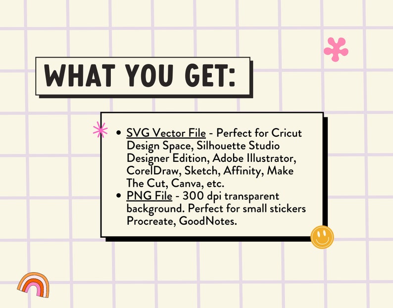 Pu&ograve; includere: Una grafica con uno sfondo a griglia rosa e il testo "WHAT YOU GET:" in un riquadro nero. Il testo sotto elenca i file digitali inclusi nell'acquisto: SVG Vector File e PNG File. Il file SVG &egrave; descritto come perfetto per Cricut Design Space, Silhouette Studio Designer Edition, Adobe Illustrator, CorelDraw, Sketch, Affinity, Make The Cut, Canva, ecc. Il file PNG &egrave; descritto come uno sfondo trasparente a 300 dpi, perfetto per piccoli adesivi, Procreate e GoodNotes.