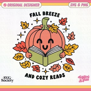 A cute, smiling pumpkin reading a book, surrounded by colorful autumn leaves. The text above reads "Fall Breeze" and below "And Cozy Reads."