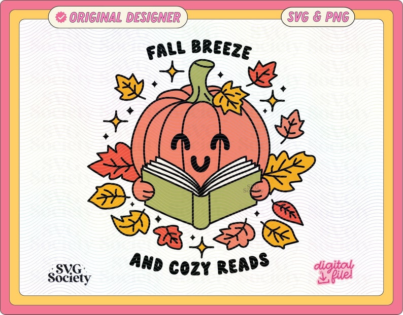 A cute, smiling pumpkin reading a book, surrounded by colorful autumn leaves. The text above reads "Fall Breeze" and below "And Cozy Reads."