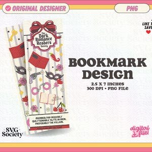 Könnte beinhalten: Lesezeichen-Design mit vertikalem Streifenmuster und Illustrationen von Schlüsseln, Büchern, Rosen und einer Pistole. Der Text "The Dark Romance Readers Society" ist oben zu sehen. Das Lesezeichen misst ca. 6,35 cm x 17,78 cm.