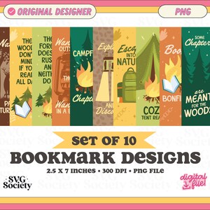 Puede incluir: Conjunto de 10 diseños de marcapáginas coloridos con temas de camping y naturaleza. Cada marcapáginas mide 2,5 x 7 pulgadas y 300 DPI. Los diseños incluyen texto como "The Wool Don't Mine", "Escape Into Nature", "Some Chapters Are Meant For The Woods", y "Cozy Tent Reads".