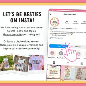May include: A graphic with the text "Let's Be Besties On Insta!" and a call to action to follow and tag the shop on Instagram. The graphic also includes a screenshot of the shop's Instagram profile, which shows the shop's name, number of posts, followers, and following. The shop's bio includes a link to their website.