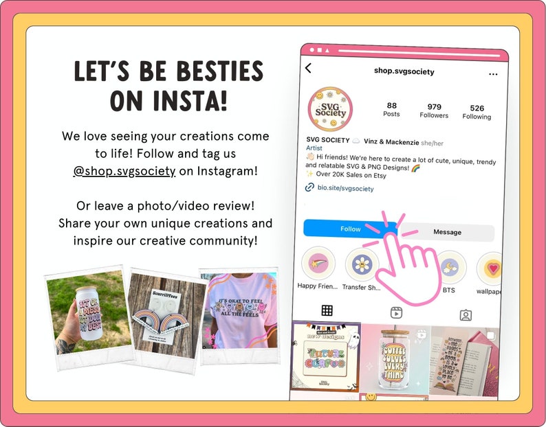 May include: A graphic with the text "Let's Be Besties On Insta!" and a call to action to follow and tag the shop on Instagram. The graphic also includes a screenshot of the shop's Instagram profile, which shows the shop's name, number of posts, followers, and following. The shop's bio includes a link to their website.