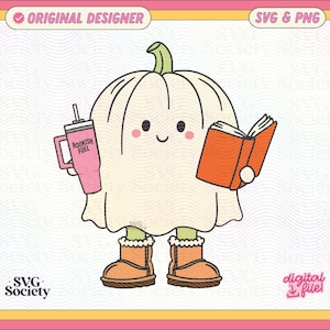 May include: A white pumpkin ghost wearing brown boots holds a pink cup with the text "Bookish Fuel" and a red book. The ghost has a friendly face with black eyes and a small smile.