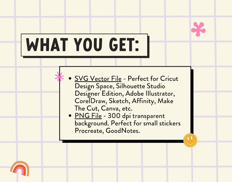 Peut inclure: Un graphique avec un fond de grille rose et le texte "WHAT YOU GET:" dans une bo&icirc;te noire. Le texte ci-dessous liste les fichiers num&eacute;riques inclus dans l'achat&nbsp;: SVG Vector File et PNG File. Le fichier SVG est d&eacute;crit comme &eacute;tant parfait pour Cricut Design Space, Silhouette Studio Designer Edition, Adobe Illustrator, CorelDraw, Sketch, Affinity, Make The Cut, Canva, etc. Le fichier PNG est d&eacute;crit comme &eacute;tant un fond transparent de 300&nbsp;dpi, parfait pour les petits autocollants, Procreate et GoodNotes.