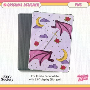 May include: A purple and pink Kindle Paperwhite case with a design of wings, a sword, moons, and stars. The case is for the 6.8 inch display (11th generation).