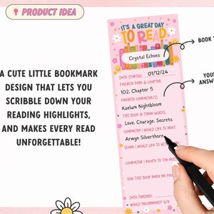 May include: Pink bookmark with a cute design featuring a stack of books and the text "It's a great day to read". The bookmark has sections for writing down the date started, favorite page and chapter, favorite character, and more.