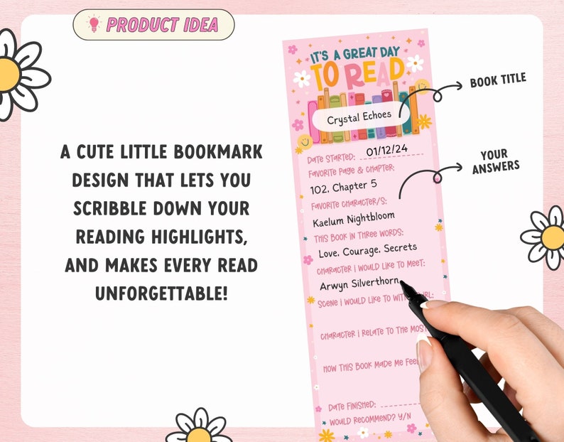 May include: Pink bookmark with a cute design featuring a stack of books and the text "It's a great day to read". The bookmark has sections for writing down the date started, favorite page and chapter, favorite character, and more.