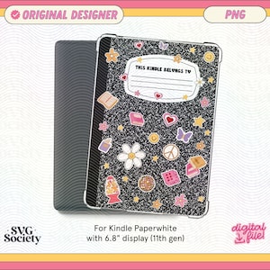 May include: A black and white digital file for a Kindle Paperwhite case with a glittery background and colorful stickers. The text "This Kindle belongs to" is in a white box with a black border.