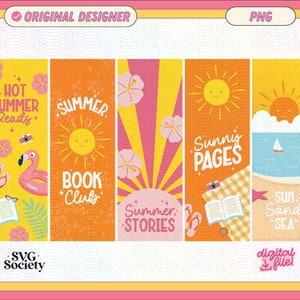 May include: A collection of colorful summer-themed bookmarks. Each bookmark features illustrations of a sun, beach, flamingo, and text such as "Hot Summer Reads," "Summer Book Club," and "Sunny Pages." The design includes floral and beach elements.