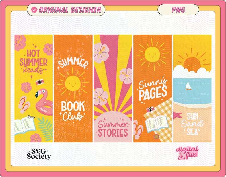 May include: A collection of colorful summer-themed bookmarks. Each bookmark features illustrations of a sun, beach, flamingo, and text such as "Hot Summer Reads," "Summer Book Club," and "Sunny Pages." The design includes floral and beach elements.