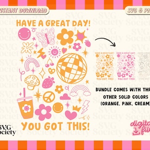 Puede incluir: Una descarga digital de un conjunto de cuatro archivos SVG con una variedad de ilustraciones de estilo retro. Las ilustraciones incluyen una bola de discoteca, un arco&iacute;ris, un signo de paz, un hongo, una flor, un coraz&oacute;n, una estrella, un rayo, un sol, una mariposa, una cereza, una taza de caf&eacute; y el texto "Have a Great Day!" y "You Got This!" Las ilustraciones son de color naranja, rosa y crema.