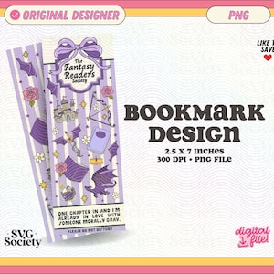 May include: A bookmark design with a purple and white striped pattern, adorned with fantasy-themed illustrations. The design includes a castle, dragon, bow and arrow, and the text "The Fantasy Reader's Society." The bookmark measures approximately 6.35 cm x 17.78 cm.