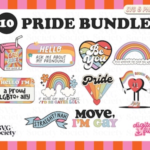 Puede incluir: Un conjunto de 10 ilustraciones digitales con temática de orgullo en formato SVG y PNG. Las ilustraciones presentan colores arcoíris, corazones y texto como "Jugo gay", "Sé tú mismo", "Orgullo" y "Muévete, soy gay".