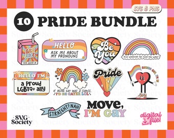 May include: A set of 10 digital pride-themed illustrations in SVG and PNG format. The illustrations feature rainbow colors, hearts, and text such as "Gay Juice", "Be You", "Pride", and "Move, I'm Gay".