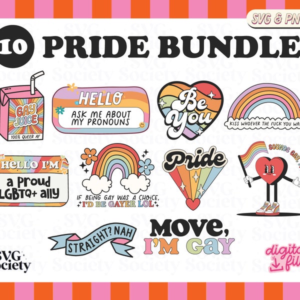 Cute Trendy Pride Bundle SVG y PNG Diseños, Creative Gay Pride LGBTQ+ Perfecto para diseñar camisas, pegatinas, gorras, bolsos, tazas y más