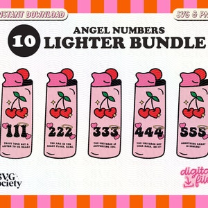 Peut inclure: Un ensemble de dix fichiers num&eacute;riques repr&eacute;sentant des briquets roses avec des illustrations de cerises et d'ailes d'ange. Chaque design de briquet comprend un num&eacute;ro d'ange diff&eacute;rent et un message correspondant. Les num&eacute;ros sont 111, 222, 333, 444 et 555.