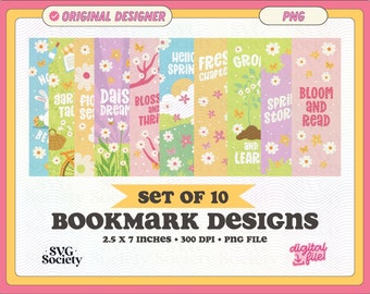 Spring Season Set of 10 Bookmark Designs, PNG Files, Cute Creative Flowers Artsy Bookish Printable Bookmark Design for Commercial Use