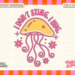 K&ouml;nnte beinhalten: Digitale Illustration in Pink und Gelb einer Qualle mit dem Text "Ich steche nicht. Ich umarme."
