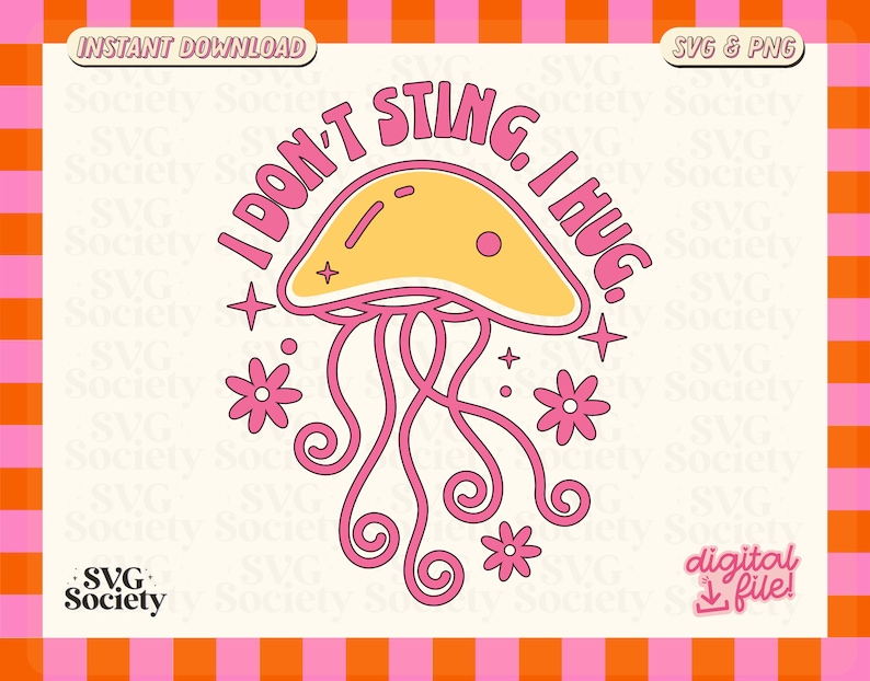K&ouml;nnte beinhalten: Digitale Illustration in Pink und Gelb einer Qualle mit dem Text "Ich steche nicht. Ich umarme."