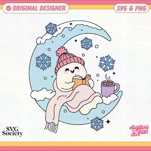 May include: A cute snowman wearing a pink hat and scarf is sitting on a crescent moon with a book and a cup of hot chocolate. The background is blue with snowflakes.