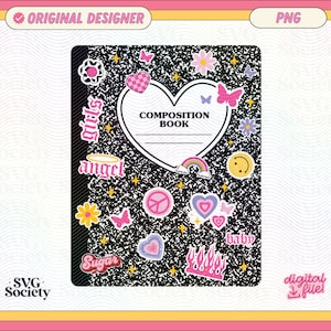 Composition Book With Y2K Stickers PNG File, Super Cute Artsy Creative Design for Stickers - Commercial Use