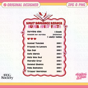 May include: A pink and yellow graphic with a red border and a book illustration. The text reads "SMUT ROMANCE READER SUPER SPICY FACTS". The graphic lists various romance tropes with a 100% rating for each. The text "SVG Society" is at the bottom left and "digital file!" is at the bottom right.