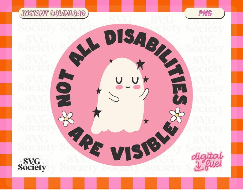 Op de afbeelding: Roze cirkel met de tekst "Not all disabilities are visible" in zwarte tekst. Een witte geest met een vriendelijk gezicht en sterren bevindt zich in het midden van de cirkel.