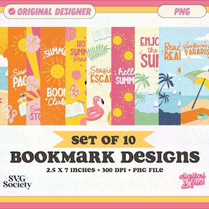 May include: Set of 10 bookmark designs with summer themes. Each bookmark features vibrant illustrations of beach scenes, sunshine, and text like "Enjoy the Sun" and "Bookworm Paradise." Bookmarks measure 2.5 x 7 inches.