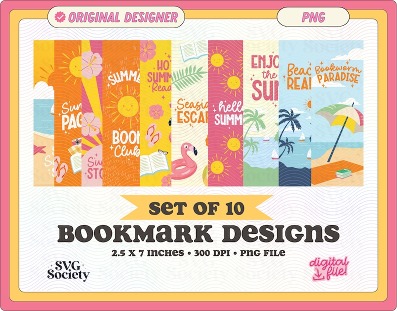 May include: Set of 10 bookmark designs with summer themes. Each bookmark features vibrant illustrations of beach scenes, sunshine, and text like "Enjoy the Sun" and "Bookworm Paradise." Bookmarks measure 2.5 x 7 inches.