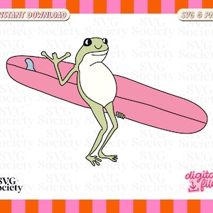 Puede incluir: Una rana verde con una tabla de surf rosa. La rana sostiene la tabla de surf con su mano izquierda y tiene su mano derecha levantada en el aire. La rana lleva una camisa blanca y tiene una expresión feliz en su rostro.