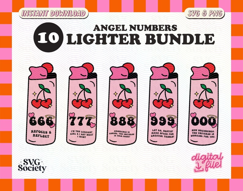 Peut inclure: Un ensemble de dix designs de briquets roses et blancs avec des num&eacute;ros d'anges et des citations inspirantes. Les briquets sont illustr&eacute;s avec des cerises et des halos. Les num&eacute;ros sont 666, 777, 888, 999 et 000.