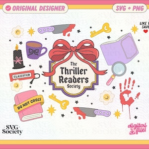 May include: A colorful digital graphic featuring various elements associated with mystery and reading. Includes a central banner with "The Thriller Readers Society" text, knives, keys, books, a magnifying glass, and handprints. The design has a vintage, cartoon style.