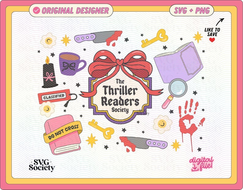 May include: A colorful digital graphic featuring various elements associated with mystery and reading. Includes a central banner with "The Thriller Readers Society" text, knives, keys, books, a magnifying glass, and handprints. The design has a vintage, cartoon style.