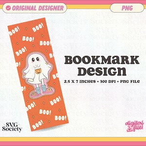 May include: A printable bookmark design featuring a cute ghost holding a pumpkin bucket. The background is orange with a repeating pattern of stars and the word "Boo!" in white. The bookmark is 2.5 inches by 7 inches and 300 DPI.