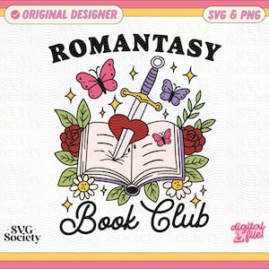 Könnte beinhalten: Eine Schwarzweißillustration eines Buches mit einem Schwert durch ein Herz. Das Buch ist von Blumen und Schmetterlingen umgeben. Der Text "Romantasy Book Club" ist in einer stilisierten Schrift geschrieben.