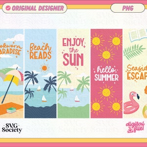 May include: A collection of colorful summer-themed digital bookmarks. Each bookmark features beach scenes, palm trees, and text such as "Bookworm Paradise," "Beach Reads," and "Enjoy the Sun." Other bookmarks say "Hello Summer" and "Seaside Escape."