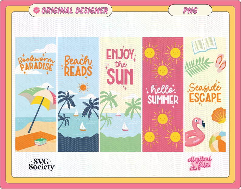 May include: A collection of colorful summer-themed digital bookmarks. Each bookmark features beach scenes, palm trees, and text such as "Bookworm Paradise," "Beach Reads," and "Enjoy the Sun." Other bookmarks say "Hello Summer" and "Seaside Escape."