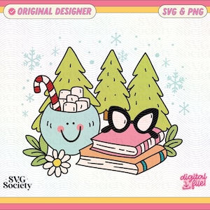 May include: A digital illustration of a blue mug with a smiling face, filled with marshmallows and a candy cane. The mug is surrounded by three green Christmas trees and a stack of books with glasses on top. The background is a light blue with a white wavy pattern and snowflakes.